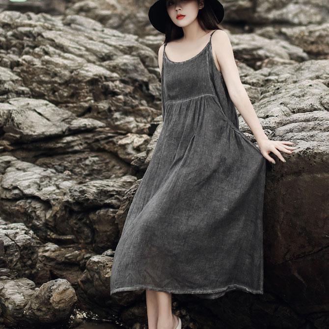 Italian gray cotton dresses Spaghetti Strap pockets cotton robes summer Dresses - Omychic