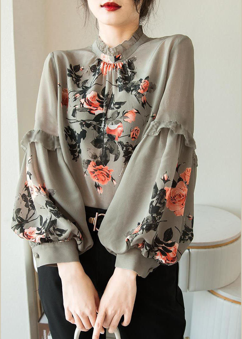 Italian Grey Green Stand Collar Ruffles Print Silk Shirt Tops Flare Sleeve