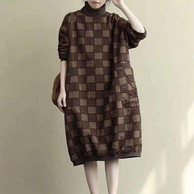 Italian high neck cotton winter dresses Sleeve brown plaid Dress - Omychic