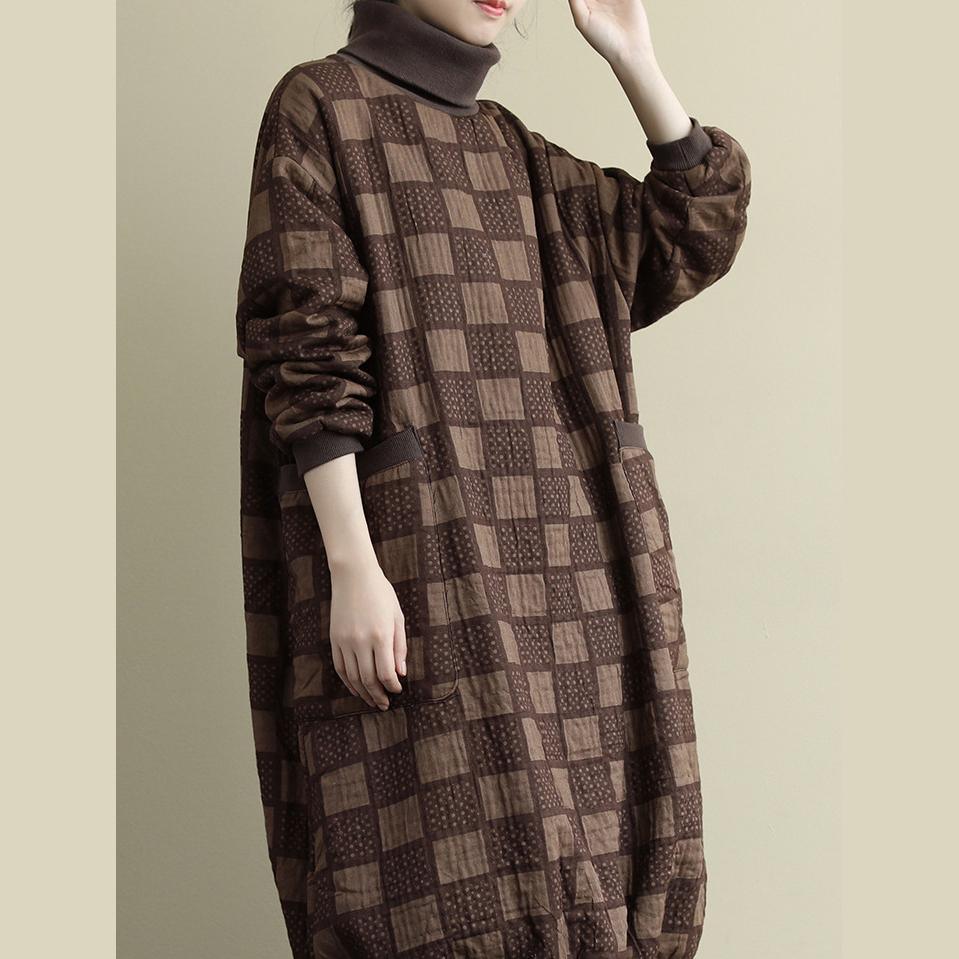 Italian high neck cotton winter dresses Sleeve brown plaid Dress - Omychic