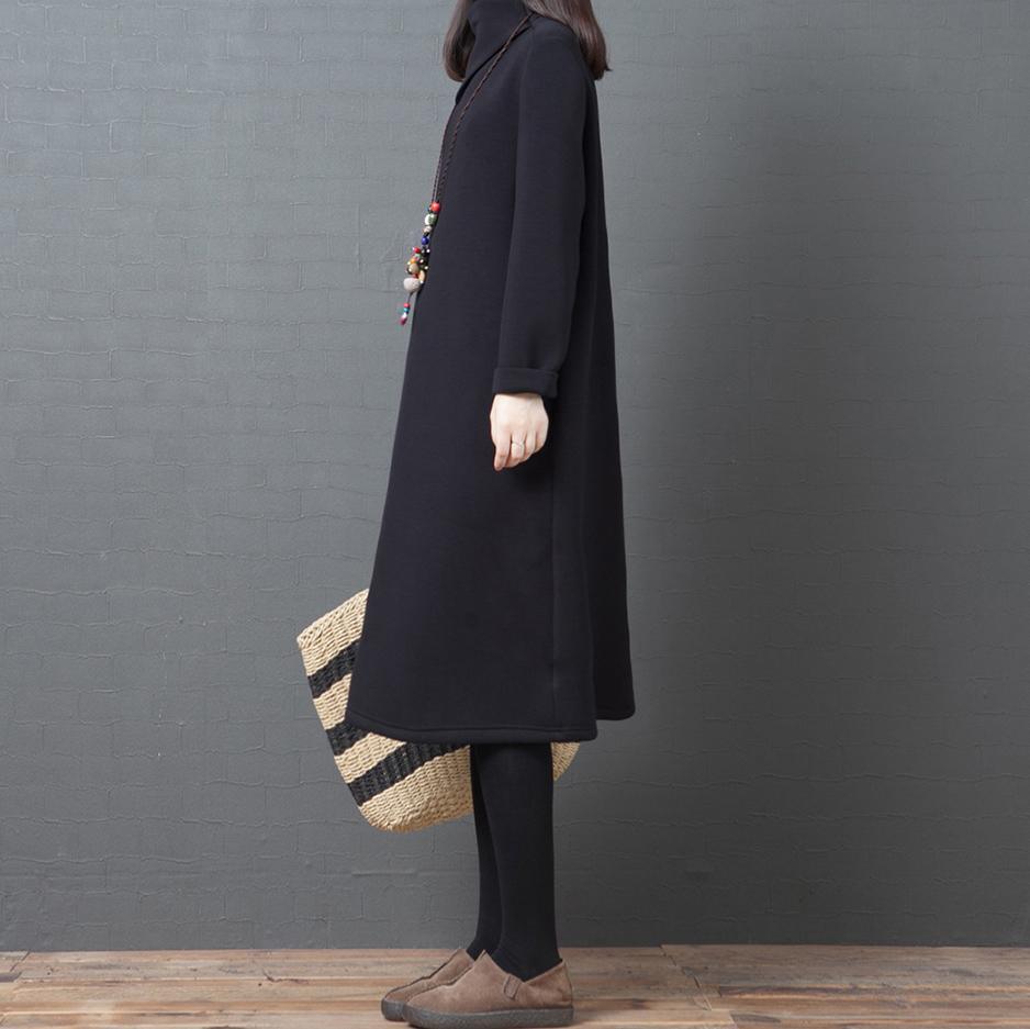 Italian high neck long sleeve Cotton Tunics Work Outfits black Dresses - Omychic