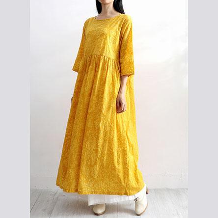 Italian high waist cotton linen Robes Shape yellow o neck Dresses summer - Omychic