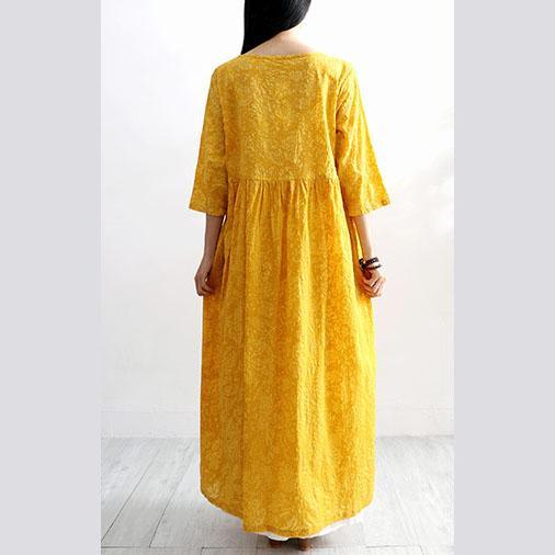 Italian high waist cotton linen Robes Shape yellow o neck Dresses summer - Omychic