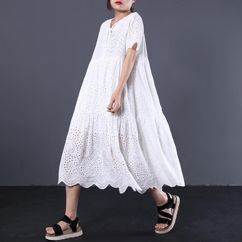 Italian high waist cotton quilting clothes Work Outfits white hollow out Maxi Dress summer - Omychic