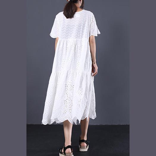 Italian high waist cotton quilting clothes Work Outfits white hollow out Maxi Dress summer - Omychic