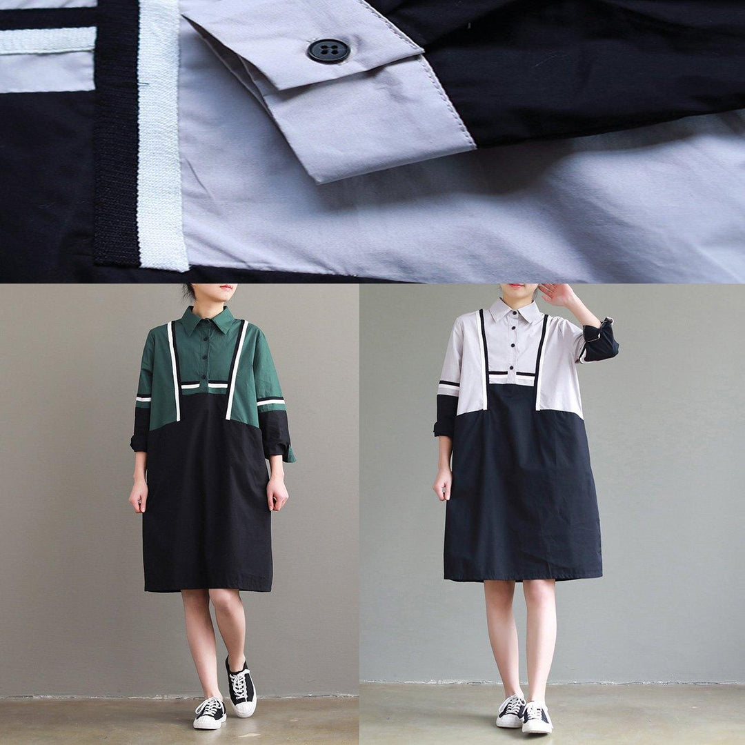 Italian lapel Cotton clothes Women stylish Tunic black patchwork gray A Line Dresses - Omychic