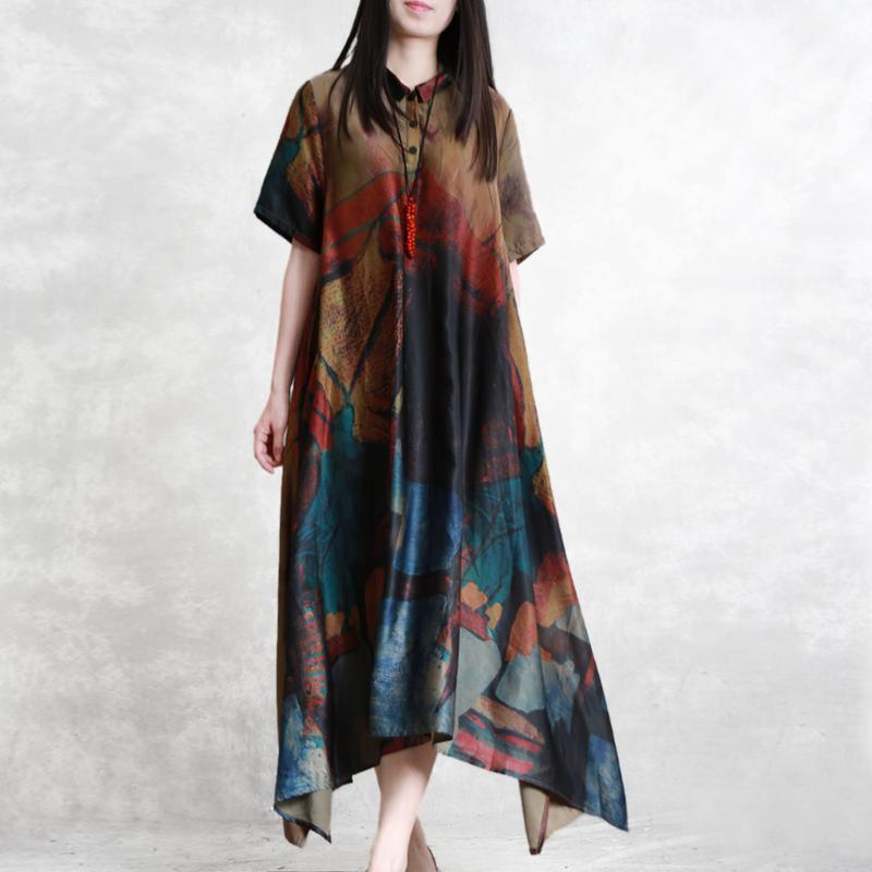 Italian lapel asymmetric silk dress long Fine floral long Dresses Summer - Omychic