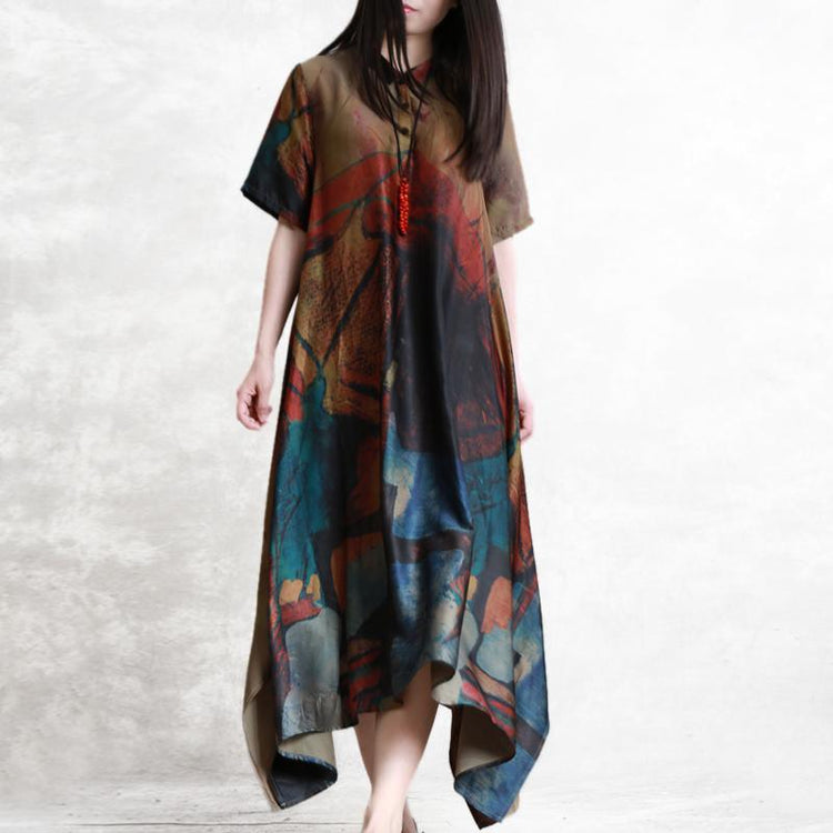 Italian lapel asymmetric silk dress long Fine floral long Dresses Summer - Omychic