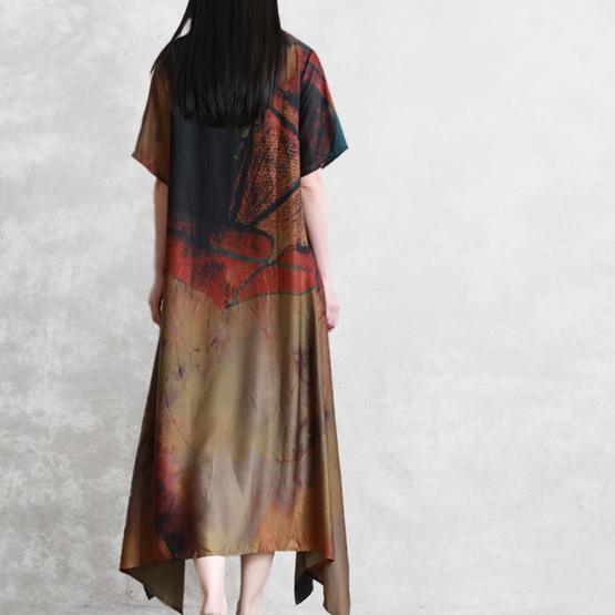 Italian lapel asymmetric silk dress long Fine floral long Dresses Summer - Omychic