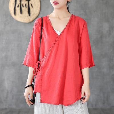 Italian linen Long Shirts Fitted Linen Half Sleeve Solid Casual Blouse - Omychic