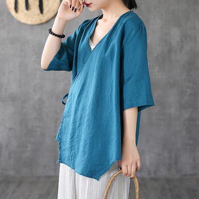 Italian linen Long Shirts Fitted Linen Half Sleeve Solid Casual Blouse - Omychic