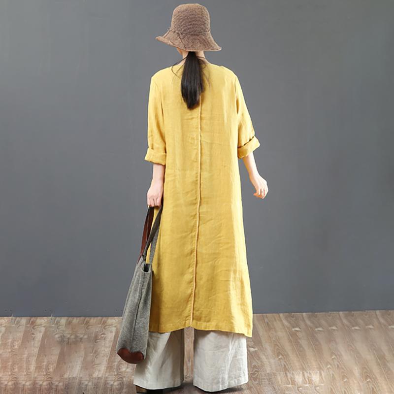 Italian Linen Dresses Fitted Casual Long Sleeve Yellow Spliced