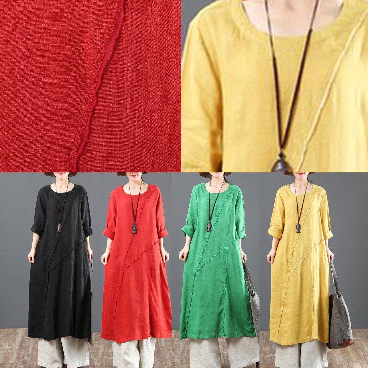 Italian linen dresses Fitted Casual Long Sleeve yellow Spliced Women Dress - Omychic