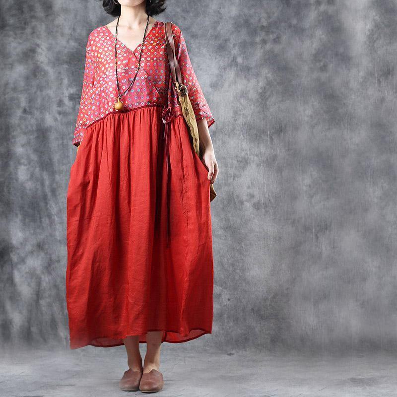 Italian linen outfit Omychic Ramie red Print V-Neck Drawstring Pockets Loose Dress - Omychic