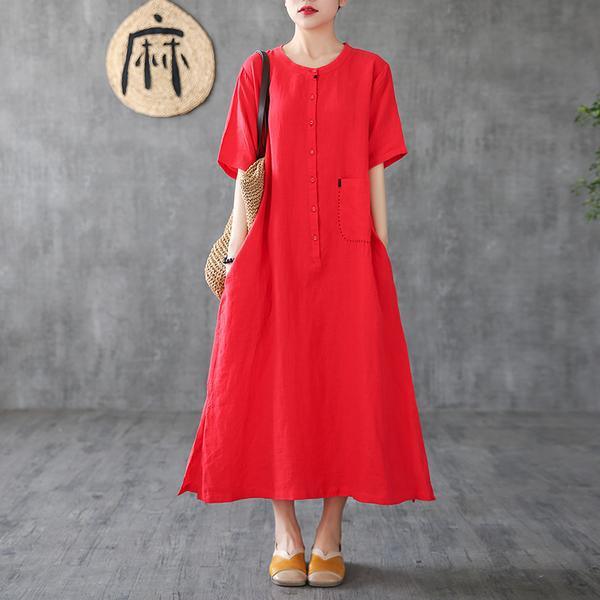 Italian linen red dress Fashion A-Line Loose Short Sleeve Embroidery Dress - Omychic