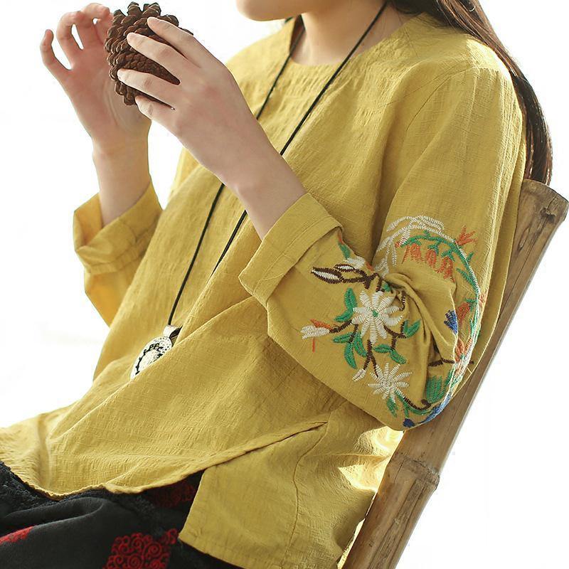 Italian linen tunic pattern Organic Spring Embroidery Floral Loose Blouse - Omychic