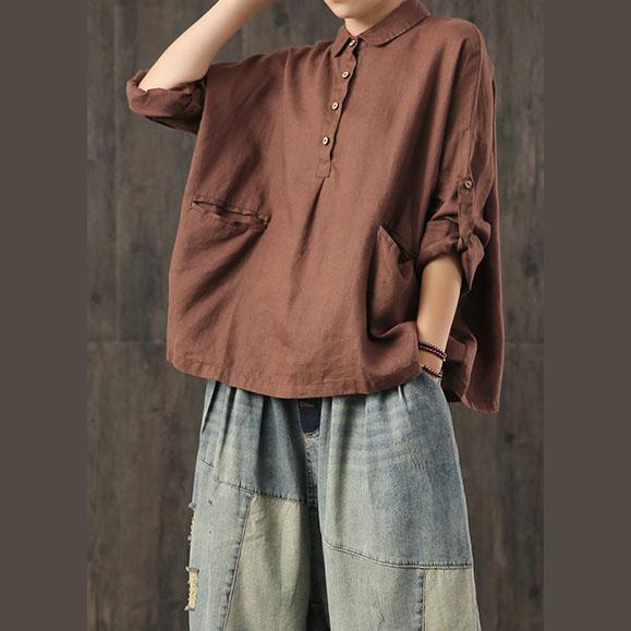 Italian long sleeve cotton linen tops women blouses Inspiration brown shirts fall - Omychic