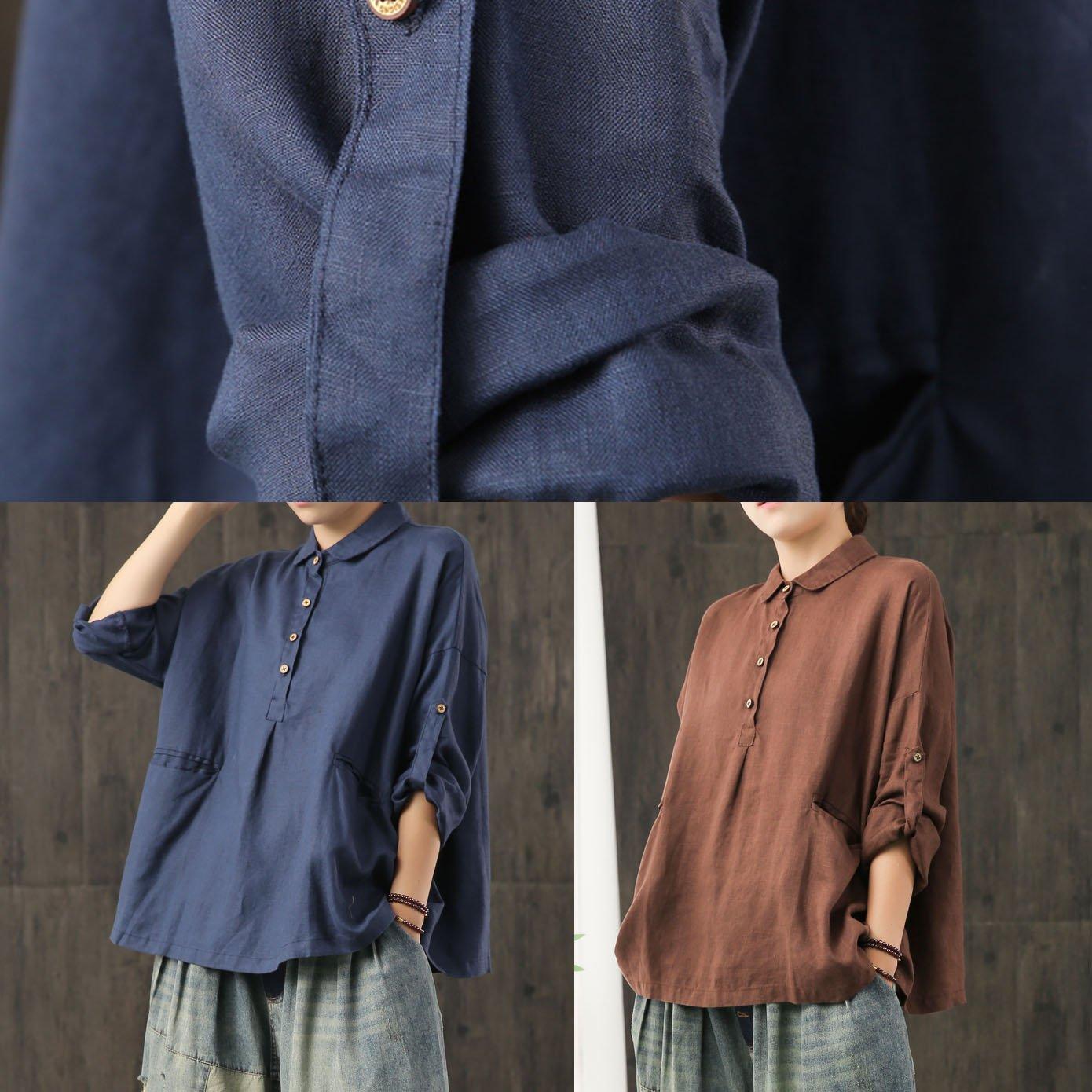 Italian long sleeve cotton linen tops women blouses Inspiration brown shirts fall - Omychic