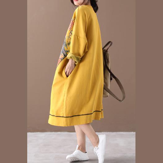 Italian low high design cotton fall Tunics linen yellow prints long Dress - Omychic
