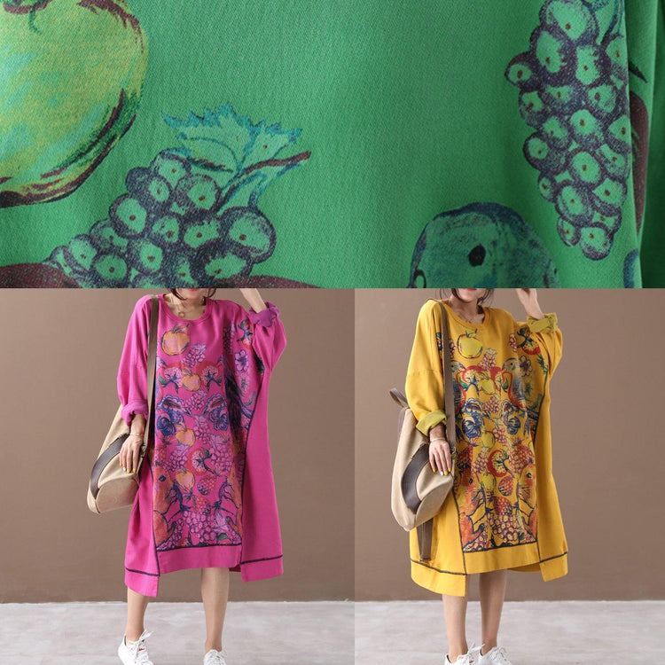 Italian low high design cotton fall Tunics linen yellow prints long Dress - Omychic