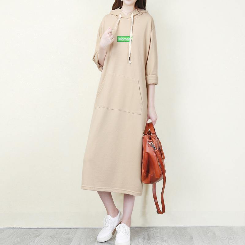 Italian nude cotton dresses Fine Shape hooded pockets Plus Size Dress - Omychic