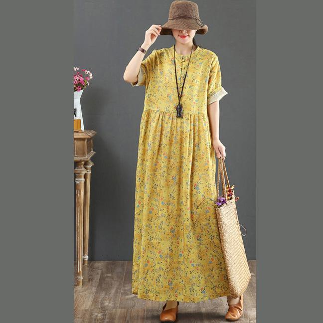 Italian o neck baggy linen dress stylish Neckline yellow print Plus Size Dress Summer - Omychic