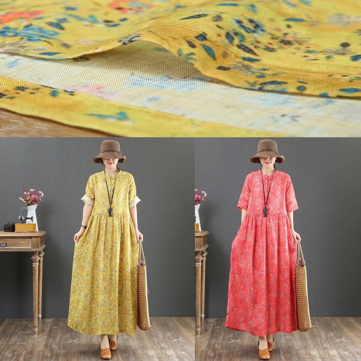 Italian o neck baggy linen dress stylish Neckline yellow print Plus Size Dress Summer - Omychic