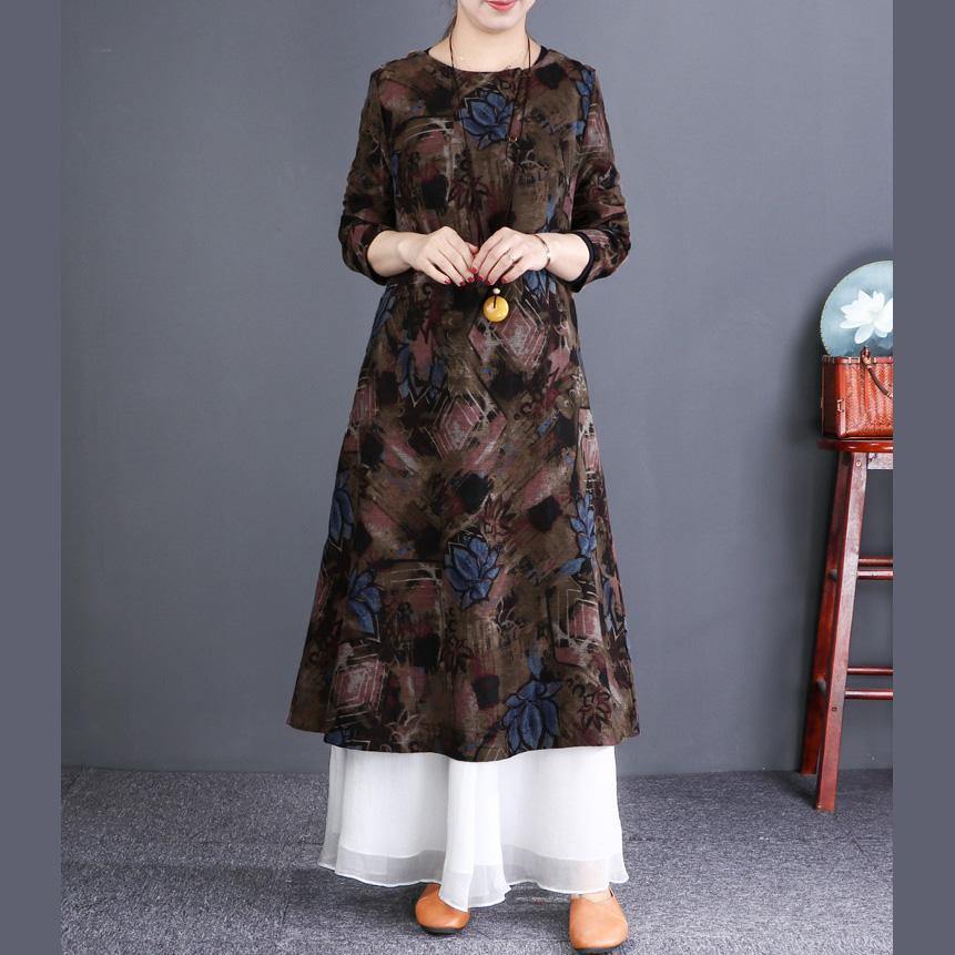 Italian o neck cotton linen quilting clothes plus size Neckline brown print Art Dresses - Omychic