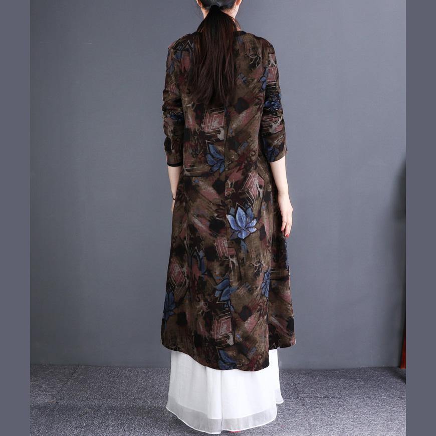 Italian o neck cotton linen quilting clothes plus size Neckline brown print Art Dresses - Omychic
