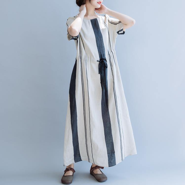 Italian o neck drawstring linen dress Online Shopping black beige striped Dress summer - Omychic