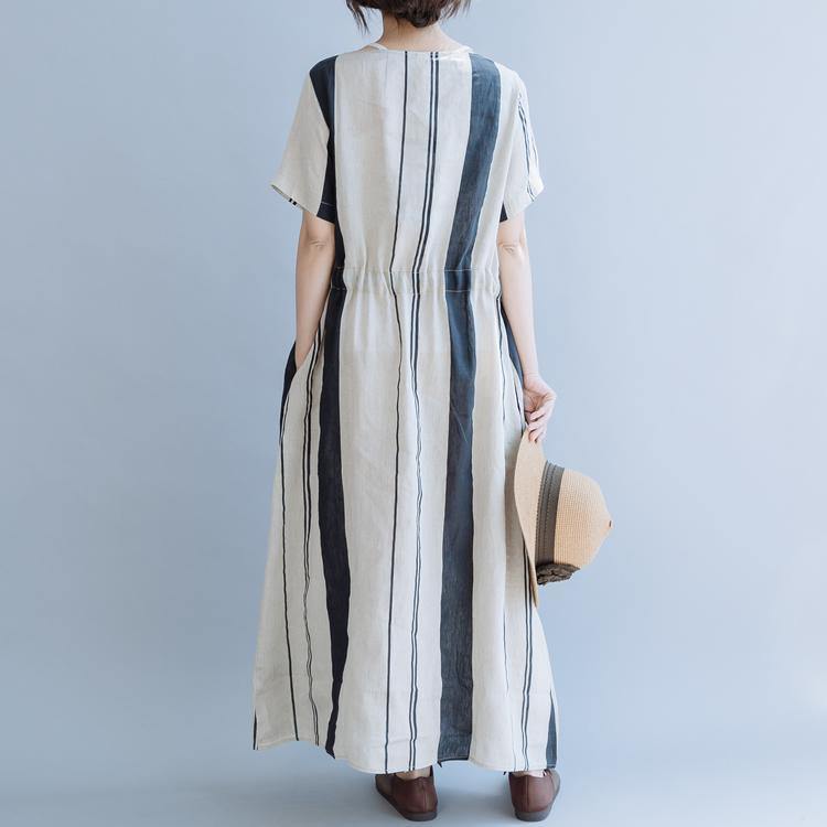 Italian o neck drawstring linen dress Online Shopping black beige striped Dress summer - Omychic