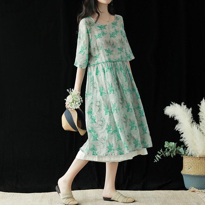 Italian o neck half sleeve linen dresses green print Dresses summer - Omychic
