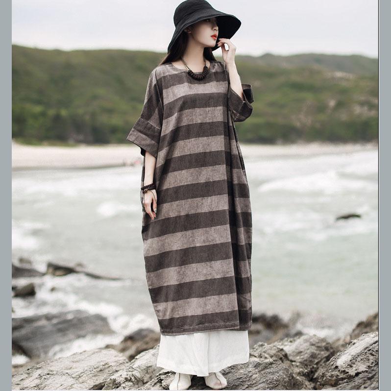Italian O Neck Half Sleeve Pockets Linen Cotton Dress Design Chocolate Striped Dresses Summer ( Limited Stock) - Omychic