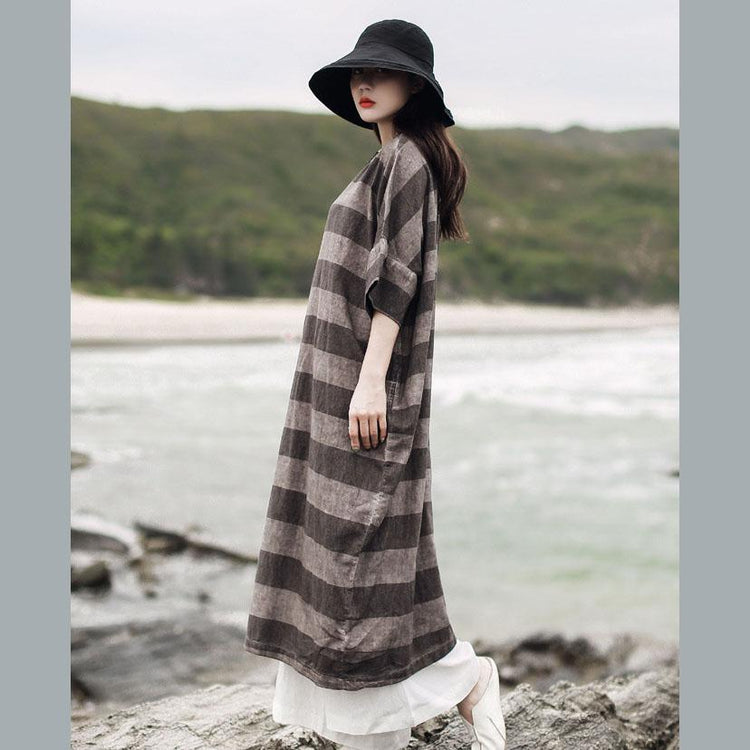 Italian O Neck Half Sleeve Pockets Linen Cotton Dress Design Chocolate Striped Dresses Summer ( Limited Stock) - Omychic