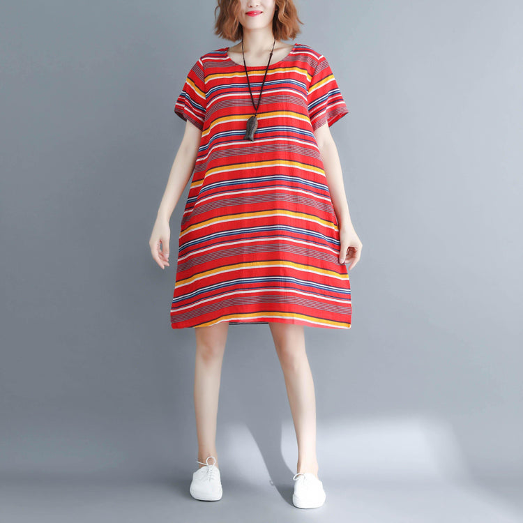 Italian o neck linen Long Shirts Casual Fashion Ideas red striped A Line Dress summer - Omychic