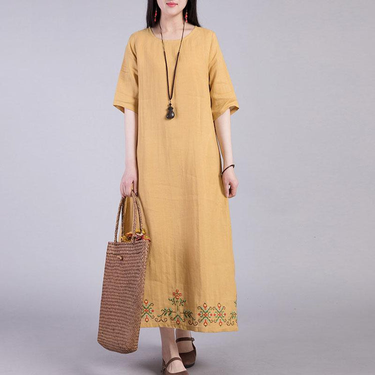 Italian o neck linen clothes Shirts yellow embroidery Dresses summer - Omychic