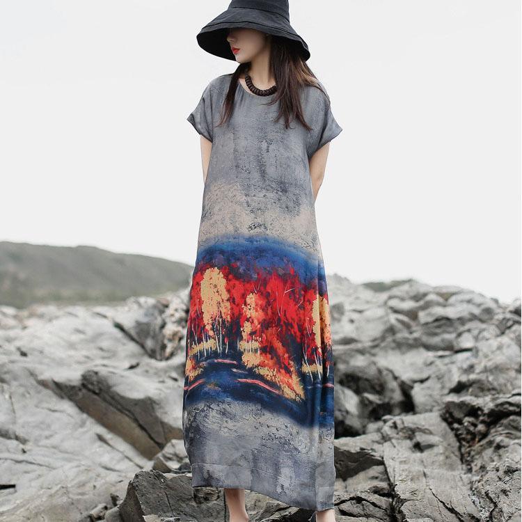 Italian o neck pockets blended gray print Dresses summer - Omychic