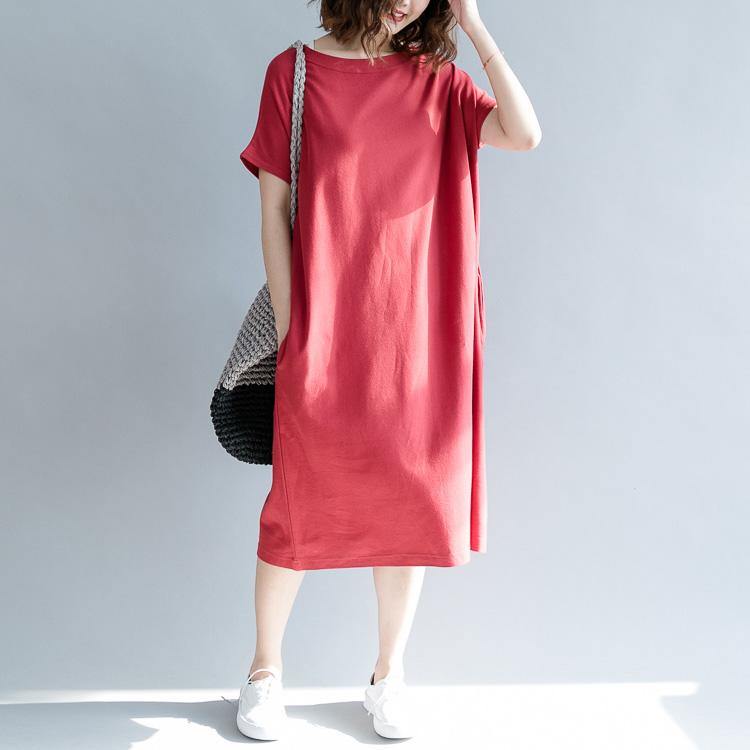 Italian o neck pockets cotton tunic dress Mom Inspiration red A Line Dresses - Omychic