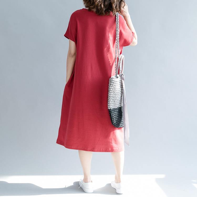 Italian o neck pockets cotton tunic dress Mom Inspiration red A Line Dresses - Omychic