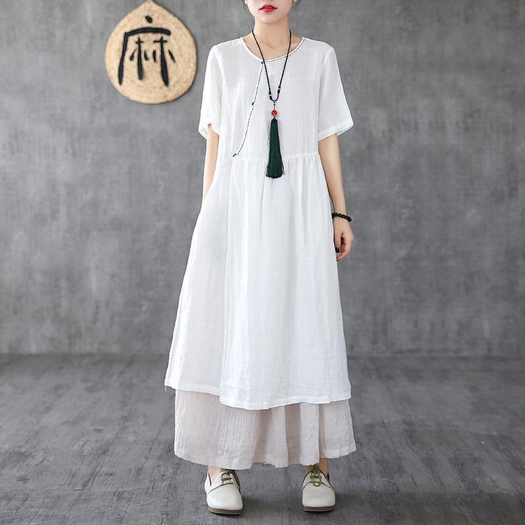 Italian o neck pockets linen clothes For Women Runway white Dresses - Omychic