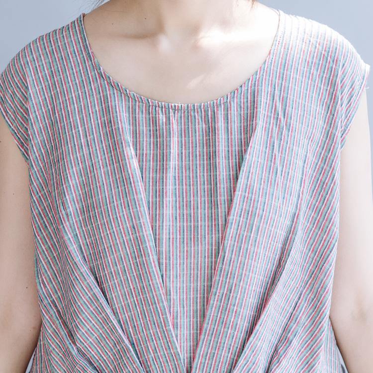 Italian o neck tie waist linen Robes pattern pink gray striped Dress summer - Omychic