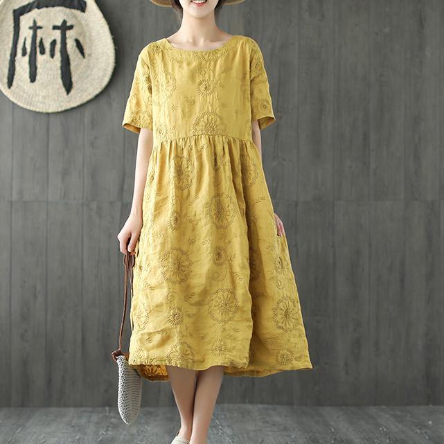 Italian o neck wrinkled linen Robes Neckline yellow embroidery Dresses summer - Omychic