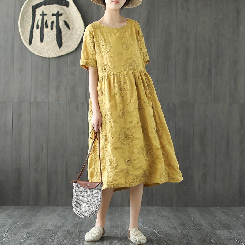 Italian o neck wrinkled linen Robes Neckline yellow embroidery Dresses summer - Omychic