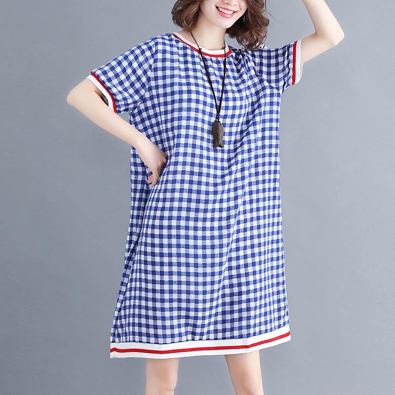 Italian patchwork Cotton dress Fine Inspiration blue Plaid short Dress - Omychic