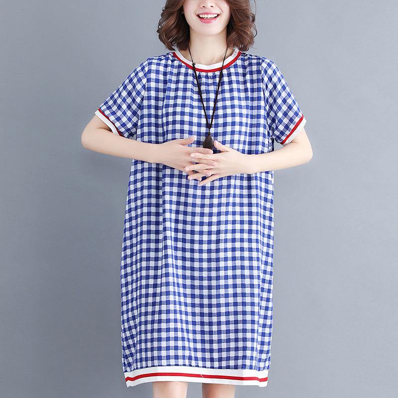 Italian patchwork Cotton dress Fine Inspiration blue Plaid short Dress - Omychic