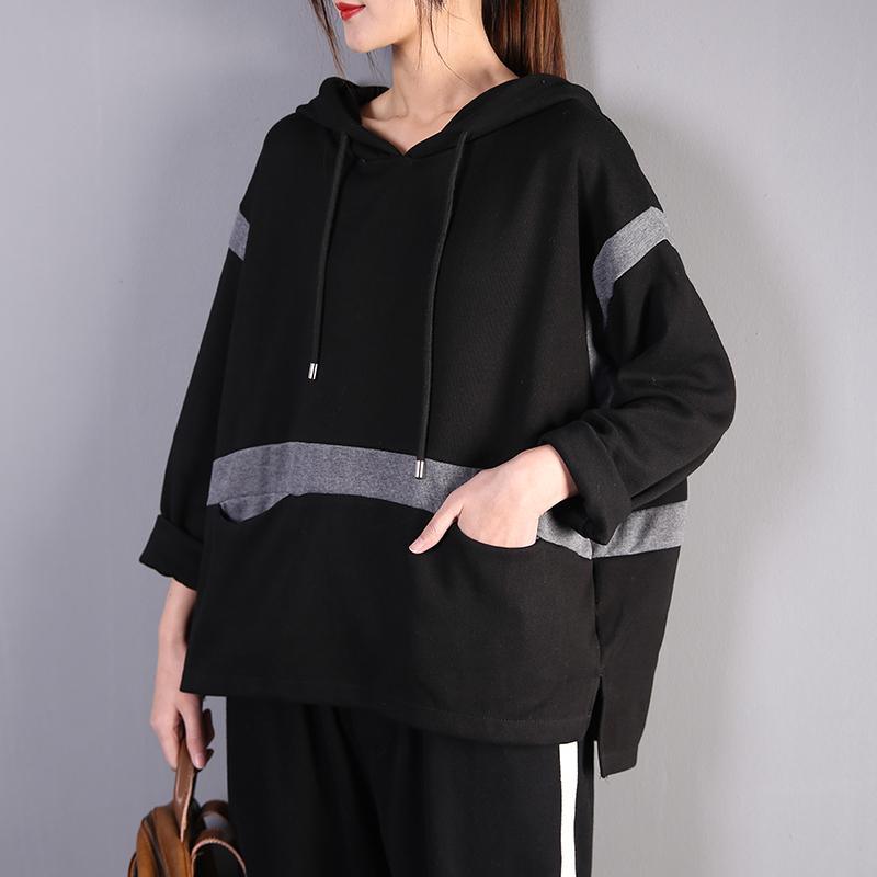 Italian patchwork hooded cotton tops women Outfits black shirts - Omychic