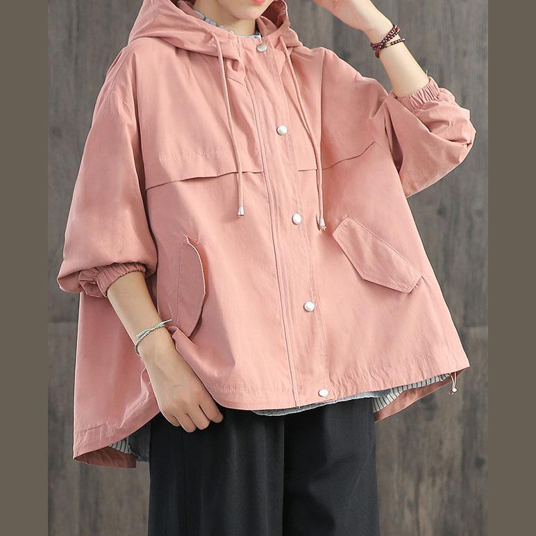 Italian pink cotton Blouse hooded zippered daily fall coats - Omychic