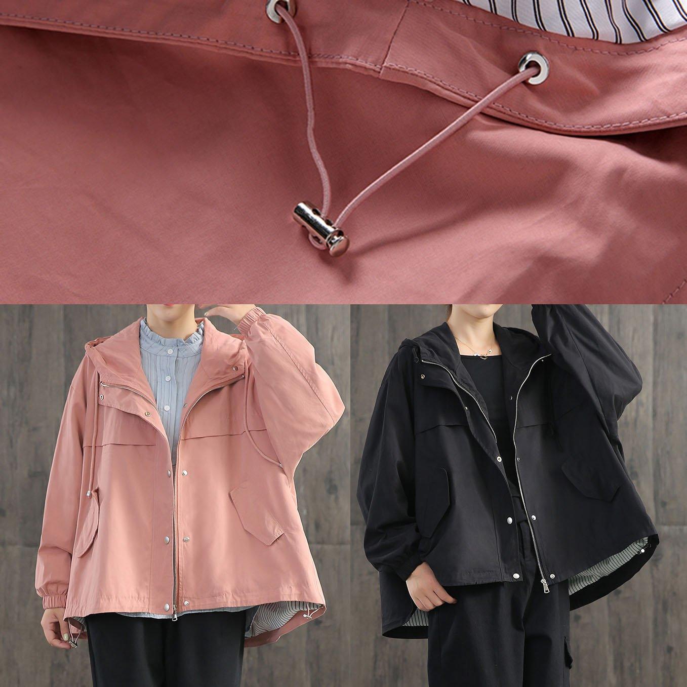 Italian pink cotton Blouse hooded zippered daily fall coats - Omychic