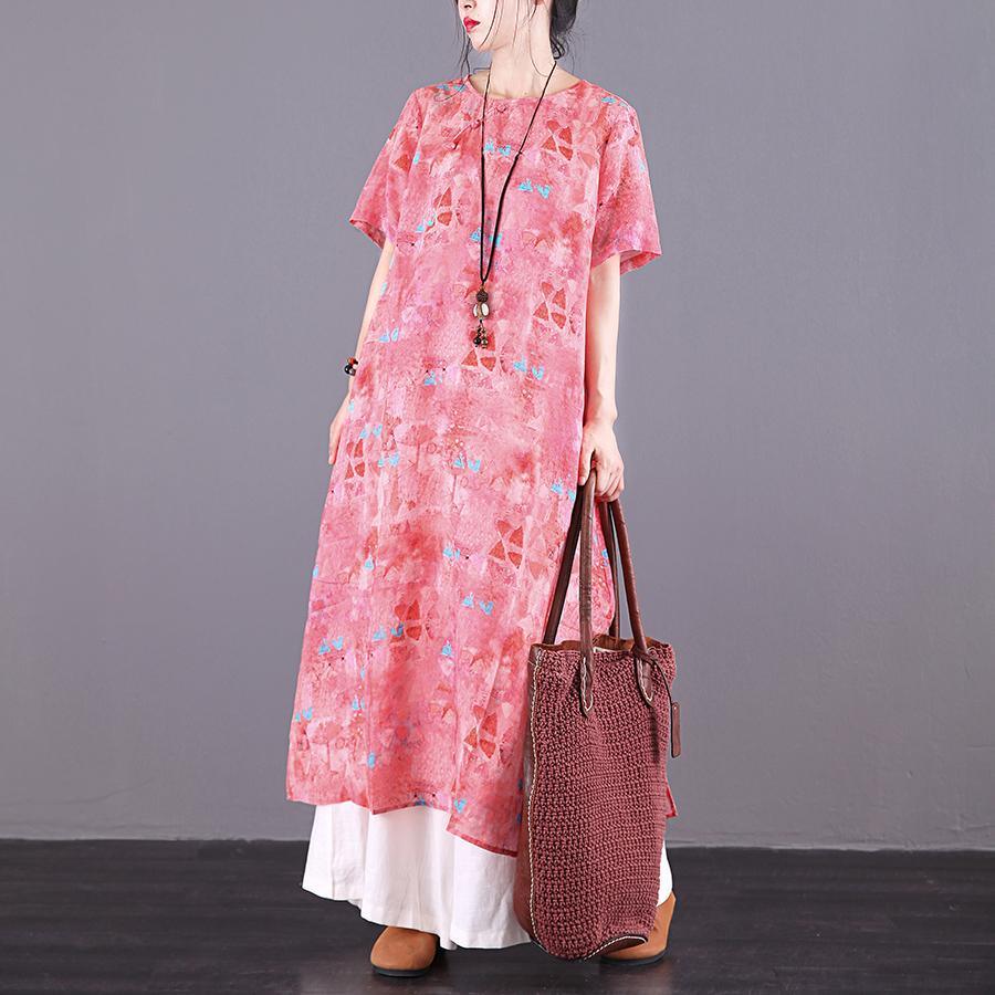 Italian pink print linen dress o neck Button Down Robe summer Dress - Omychic