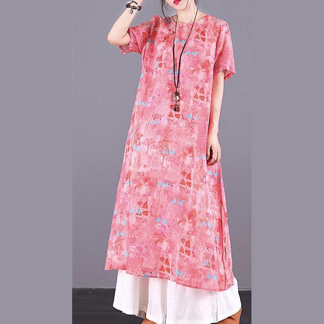 Italian pink print linen dress o neck Button Down Robe summer Dress - Omychic